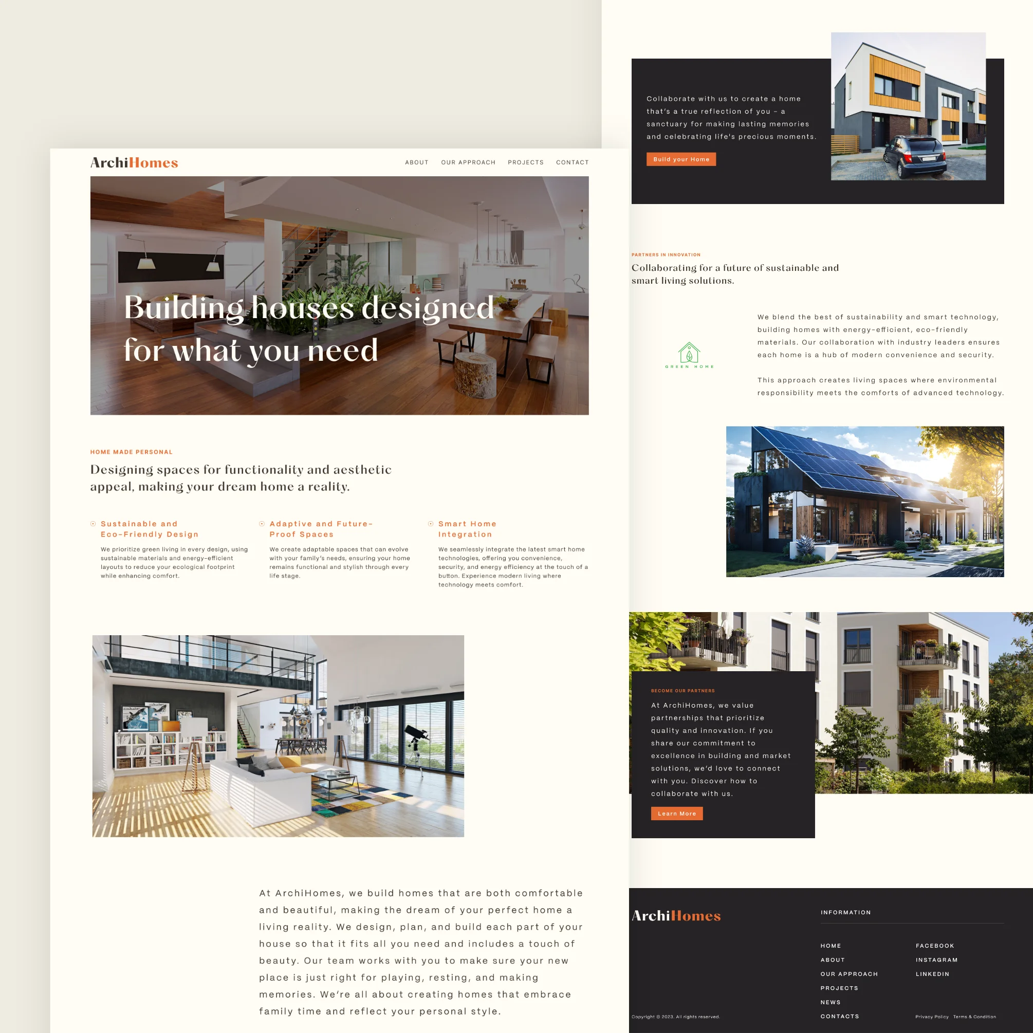 A sleek homepage for ArchiHomes featuring modern house designs and custom building services.