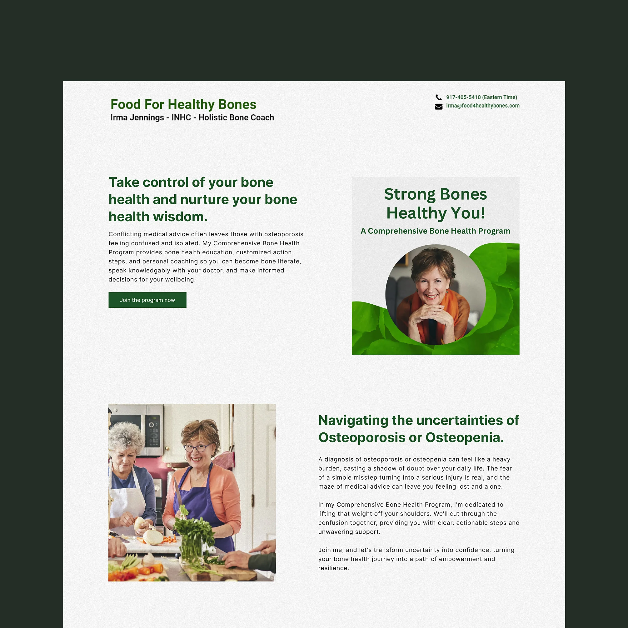 Sales page for 'Food For Healthy Bones' offering a comprehensive bone health program by Irma Jennings.