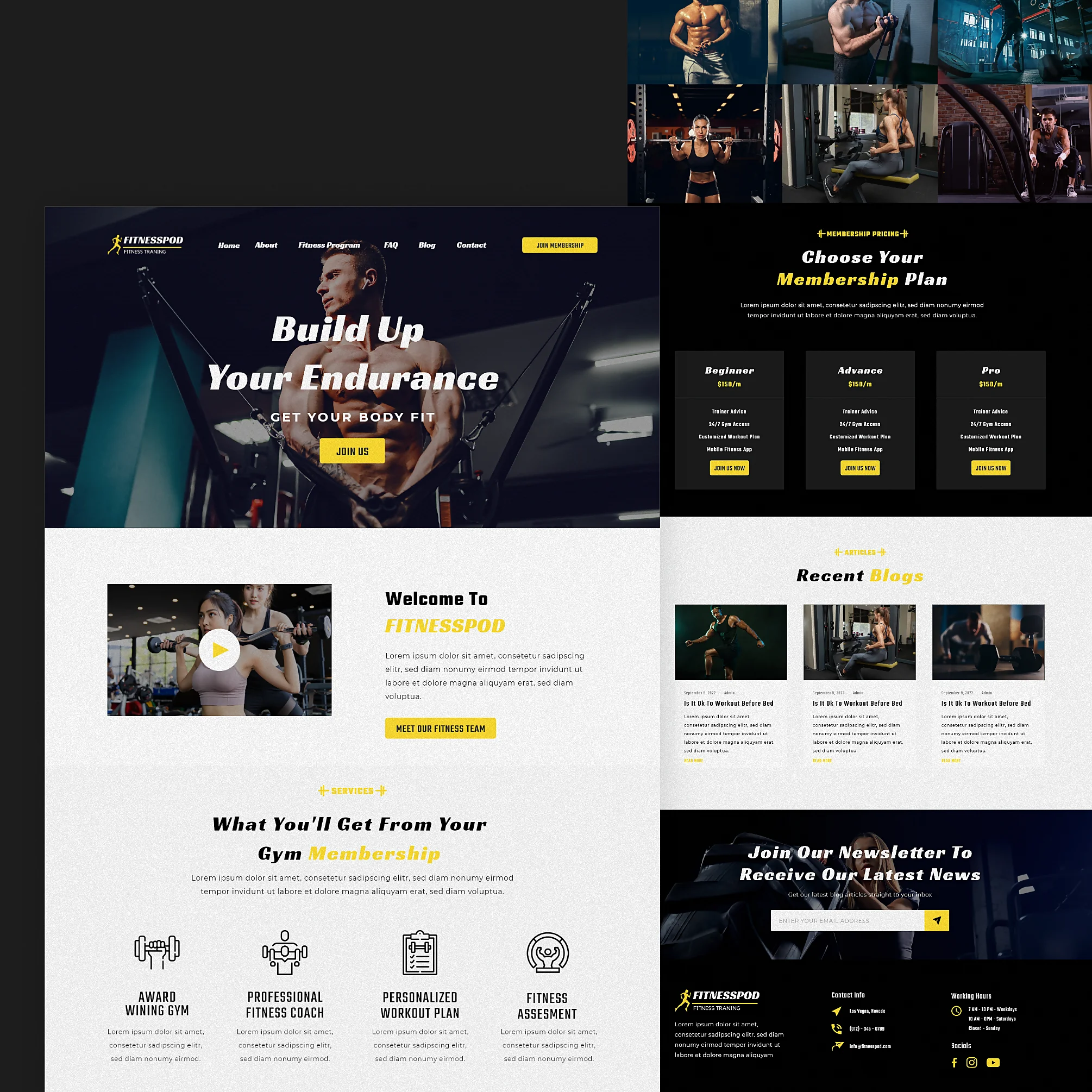 Homepage of FITNESSPOD, showcasing a gym membership with bold visuals, workout programs, and membership options.